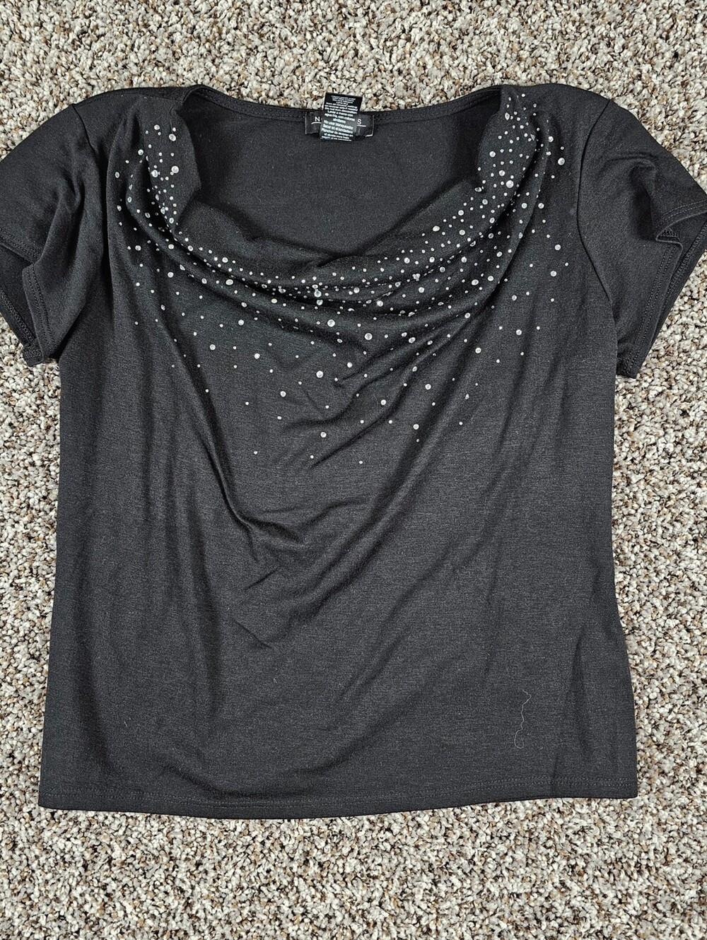 Notations women Sz PM Petite Short Sleeve Scoop neck Blouse Black w/ Rhinestones